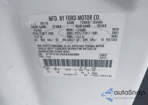 2010 Ford F-150 Fx4/Lariat/Xl/Xlt из США, поврежденный, VIN 1FTFX1EV9AKE50560